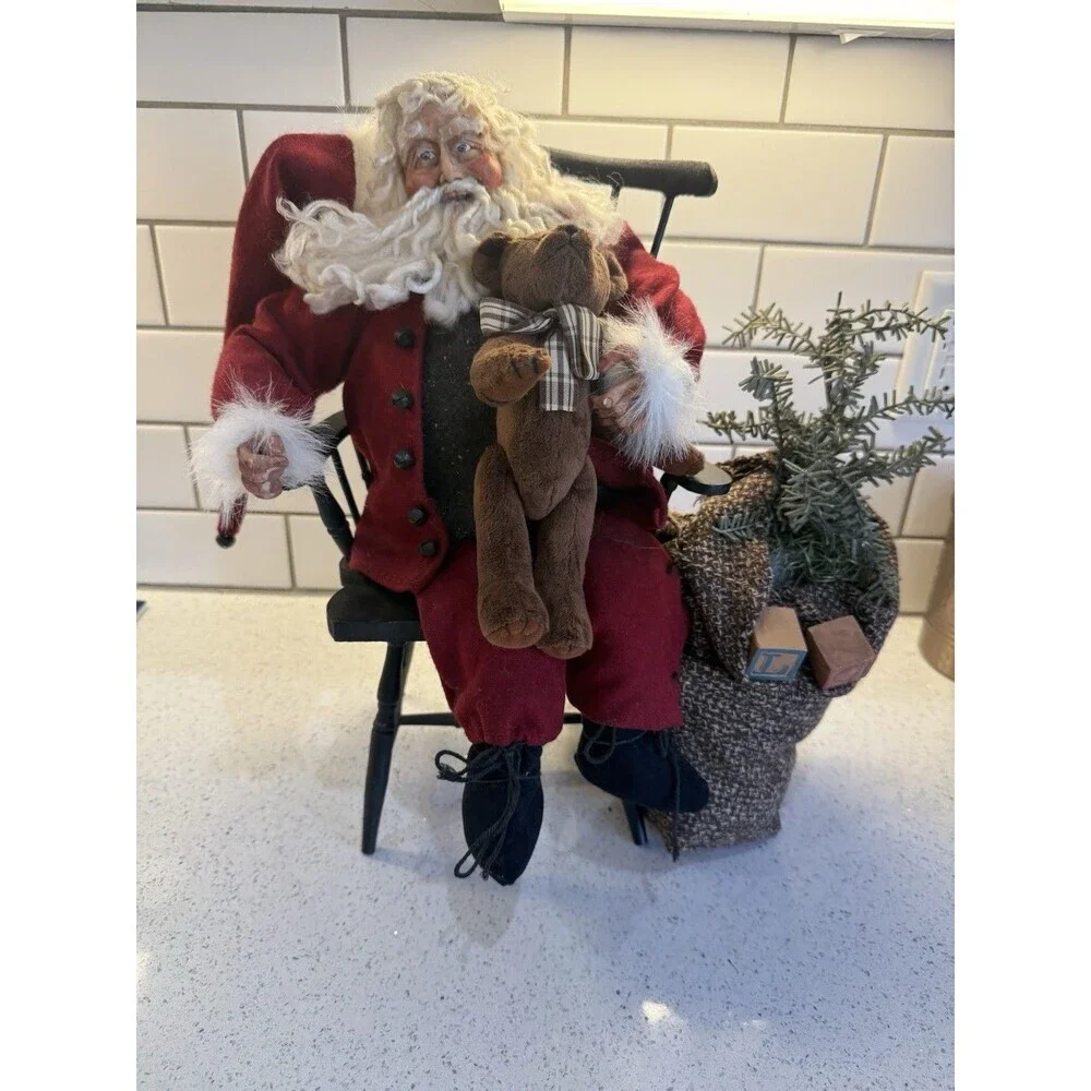 Santa Sitting In Wooden Chair Teddy Bear And Bag Decor Figurine 15